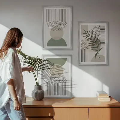 Three-piece abstract greenery wall art with abstract shapes