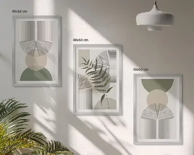 Three-piece abstract greenery wall art with abstract shapes