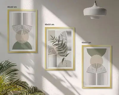 Three-piece abstract greenery wall art with abstract shapes