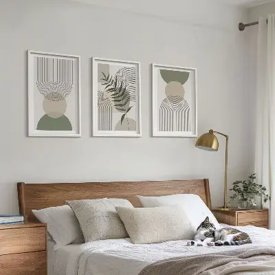 Three-piece abstract greenery wall art with abstract shapes