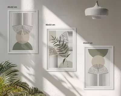 Three-piece abstract greenery wall art with abstract shapes