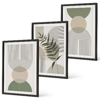 Three-piece abstract greenery wall art with abstract shapes