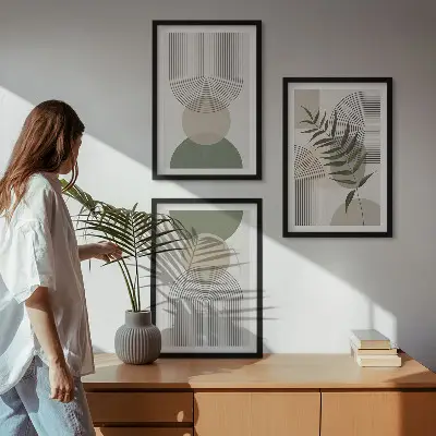Three-piece abstract greenery wall art with abstract shapes