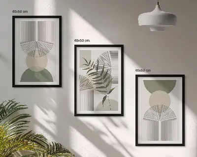 Three-piece abstract greenery wall art with abstract shapes
