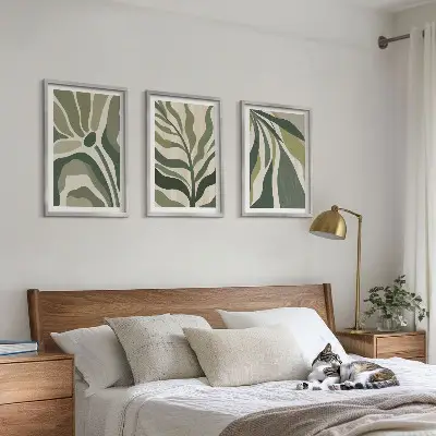 Painted green leaves wall art set of 3 framed pieces