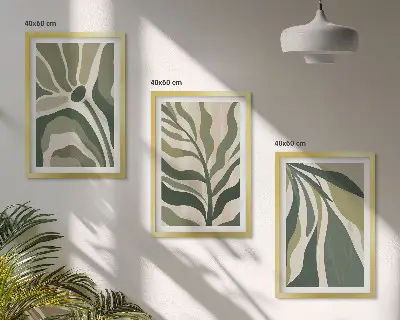 Painted green leaves wall art set of 3 framed pieces