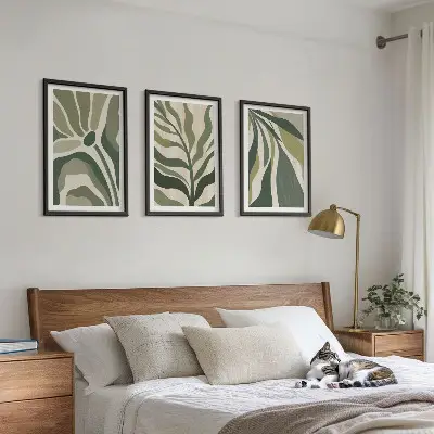 Painted green leaves wall art set of 3 framed pieces