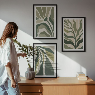 Set of 3 framed wall art pieces Painted green leaves illustrations