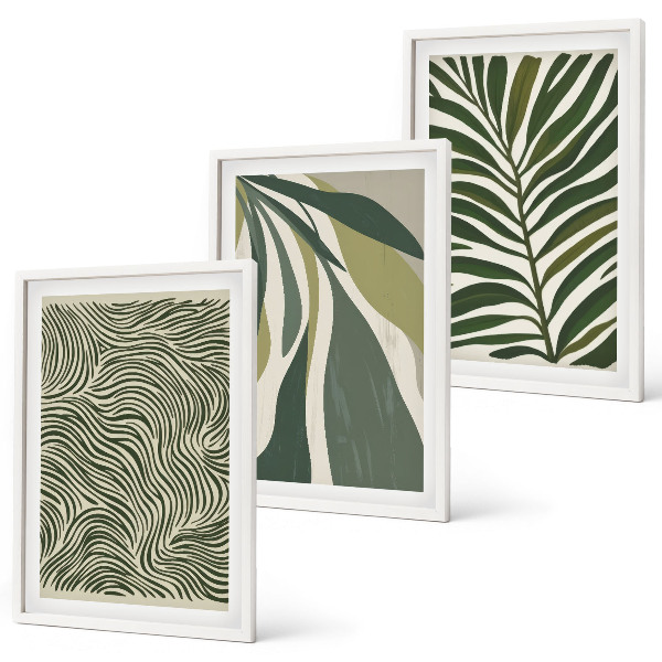 Wall art set Leaves wavy lines green
