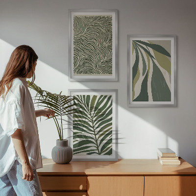 Wall art set Leaves wavy lines green