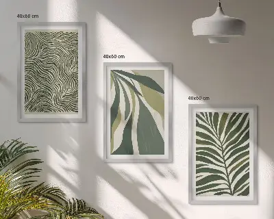 Wall art set with green leaves and wavy lines