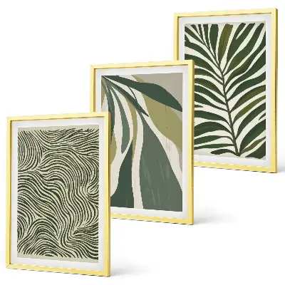 Wall art set with green leaves and wavy lines