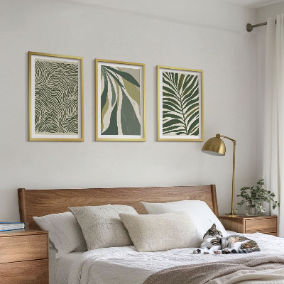 Wall art set Leaves wavy lines green