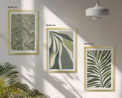 Wall art set with green leaves and wavy lines