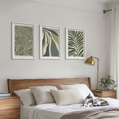 Wall art set Leaves wavy lines green