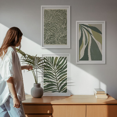 Wall art set Leaves wavy lines green