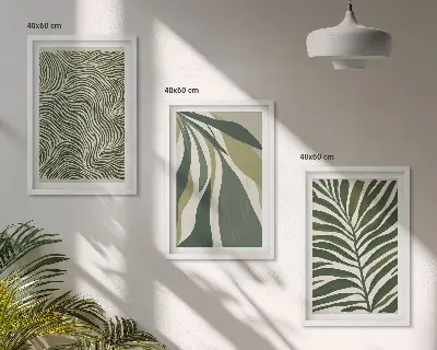 Wall art set with green leaves and wavy lines
