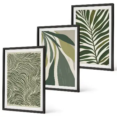 Wall art set with green leaves and wavy lines