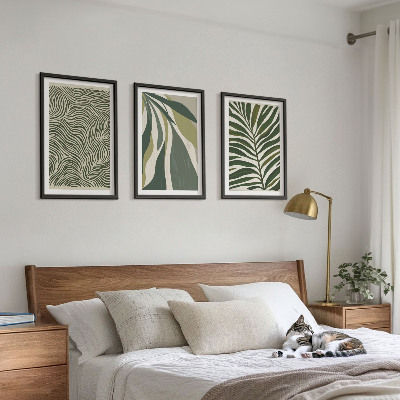 Wall art set Leaves wavy lines green