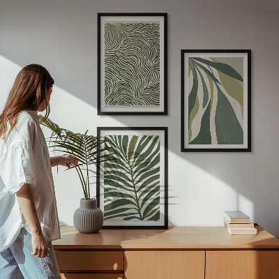 Wall art set Leaves wavy lines green