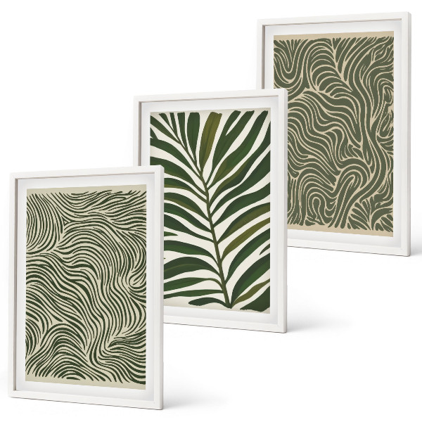 Set of 3 framed wall art pieces Leaf patterns wavy shapes