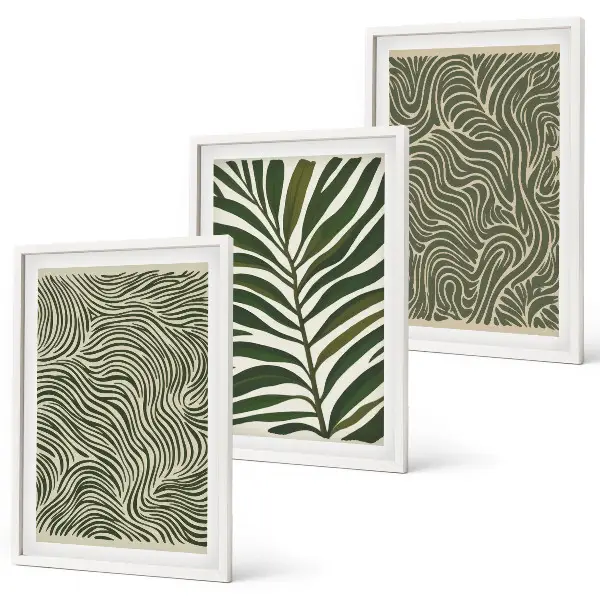 Set of 3 framed wall art pieces leaf patterns with wavy shapes