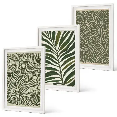 Set of 3 framed wall art pieces leaf patterns with wavy shapes