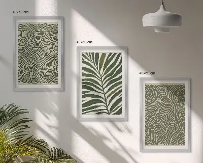 Set of 3 framed wall art pieces leaf patterns with wavy shapes
