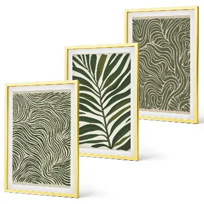 Set of 3 framed wall art pieces leaf patterns with wavy shapes