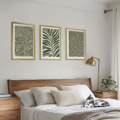 Set of 3 framed wall art pieces leaf patterns with wavy shapes