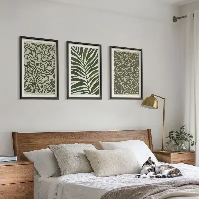 Set of 3 framed wall art pieces leaf patterns with wavy shapes