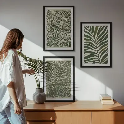 Set of 3 framed wall art pieces leaf patterns with wavy shapes