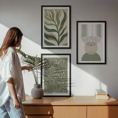 Wall art set leaves geometric shapes design