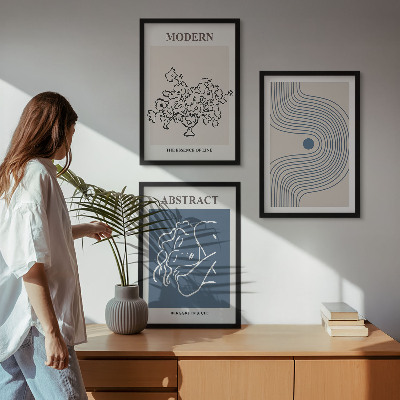 Set of 3 framed wall art pieces Flowers lines abstract posters