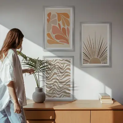 Three-piece wall art set boho sun pastel shapes