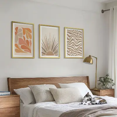 Three-piece wall art set boho sun pastel shapes
