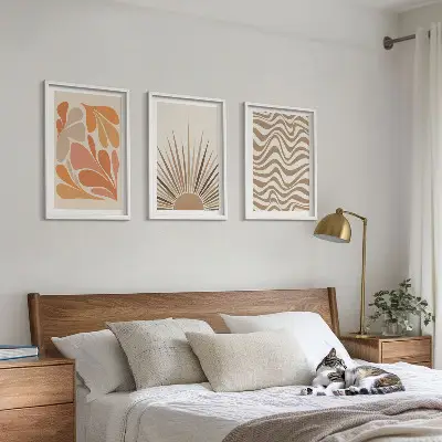 Three-piece wall art set boho sun pastel shapes