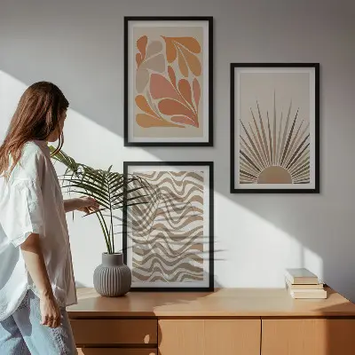 Three-piece wall art set boho sun pastel shapes