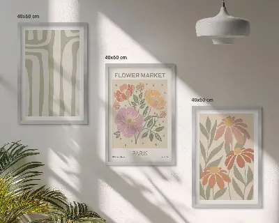 Set of 3 framed wall art pieces with botanical motifs in a Parisian minimalist style