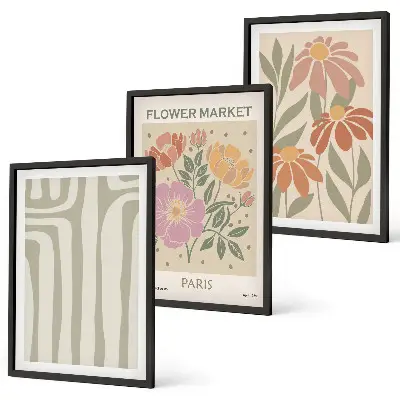 Set of 3 framed wall art pieces with botanical motifs in a Parisian minimalist style
