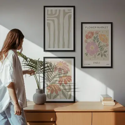 Set of 3 framed wall art pieces with botanical motifs in a Parisian minimalist style