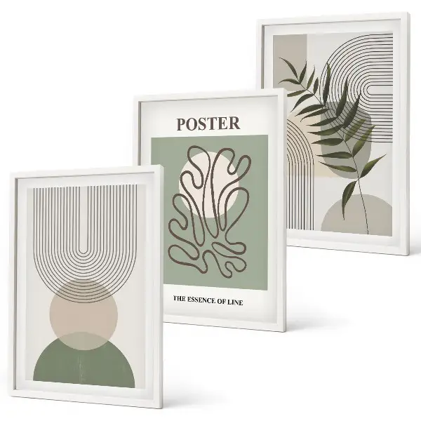 Three-piece geometric botanical wall art set with botanical patterns