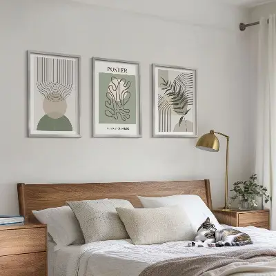 Three-piece geometric botanical wall art set with botanical patterns