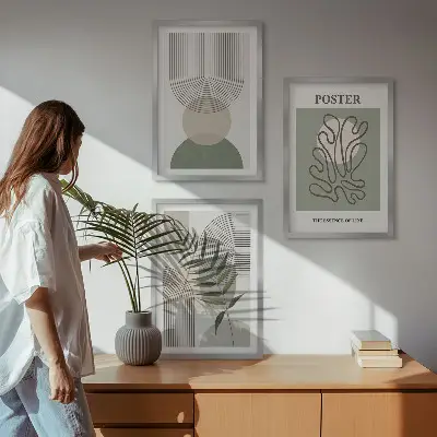 Three-piece geometric botanical wall art set with botanical patterns