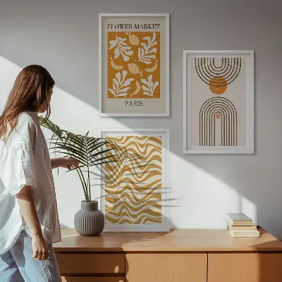 Geometric plant pattern wall art set of 3 framed posters