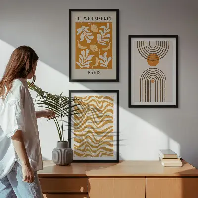 Geometric plant pattern wall art set of 3 framed posters