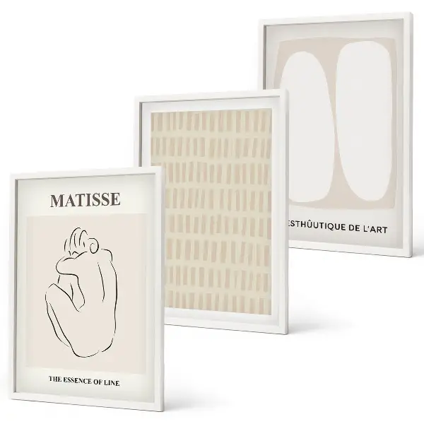Wall art set with beige and white abstract lines and shapes