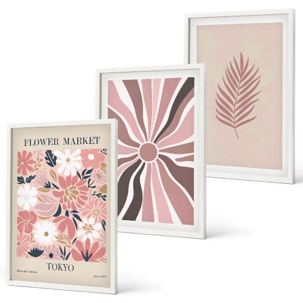 Three-piece wall art piece Floral leaf patterns and geometry