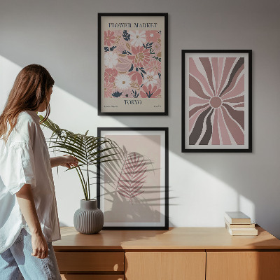 Three-piece wall art piece Floral leaf patterns and geometry