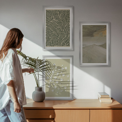 Set of 3 framed wall art pieces Abstract floral wavy patterns